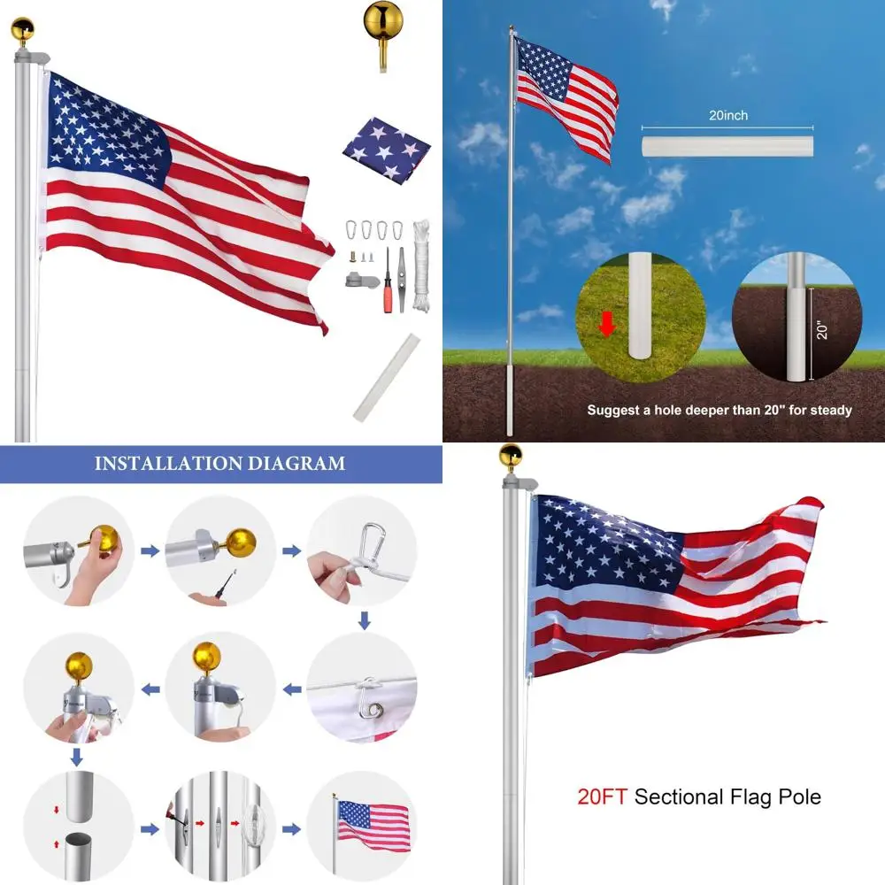 

20-Foot Aluminum Sectional Flag Pole Kit for Inground Installation with 3'x5' US Flag and Gold Ball, Complete with Hardware