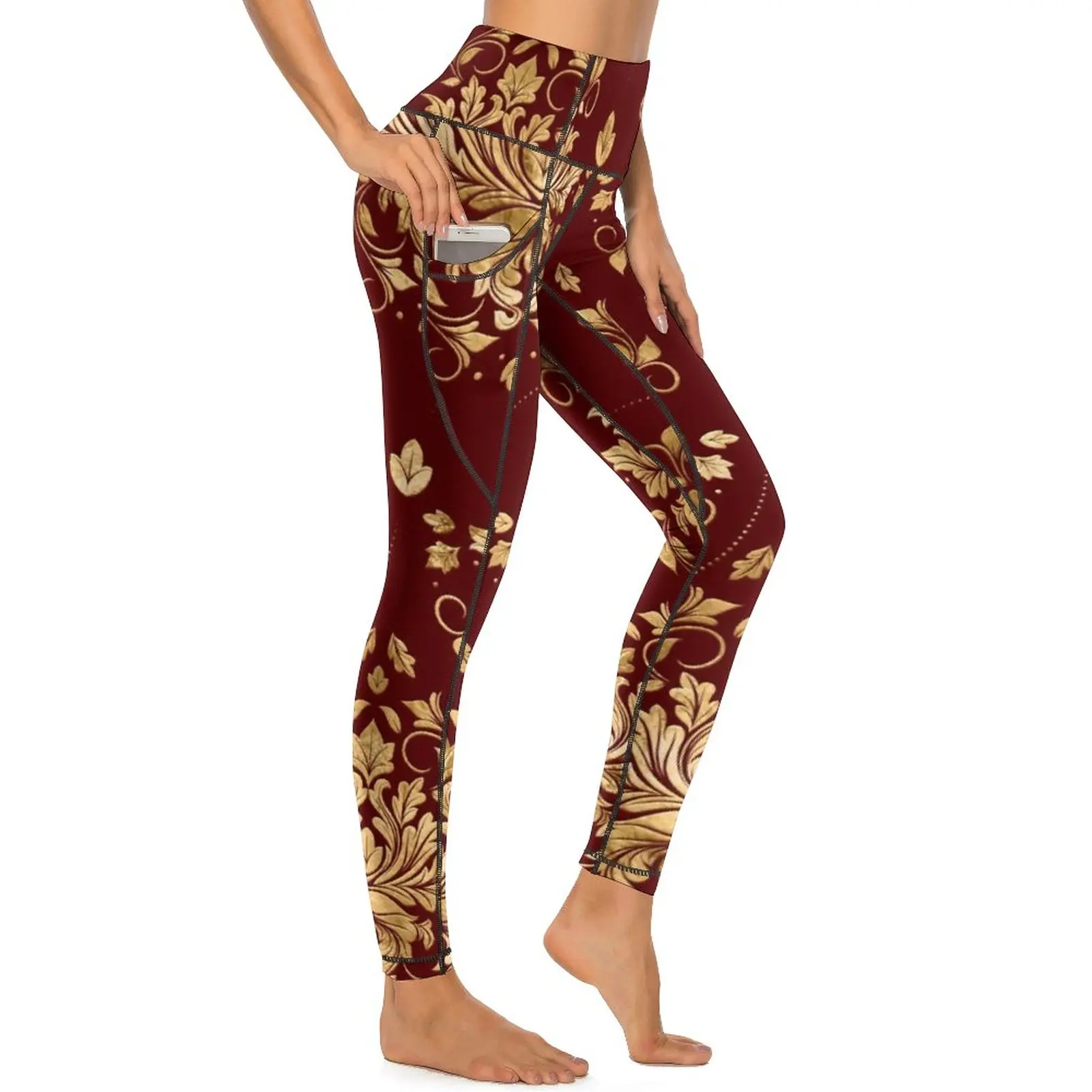 Gold Baroque Leggings Oriental Vintage Damask Workout Yoga Pants High Waist Fashion Leggins Sexy Stretch Custom Sport Legging