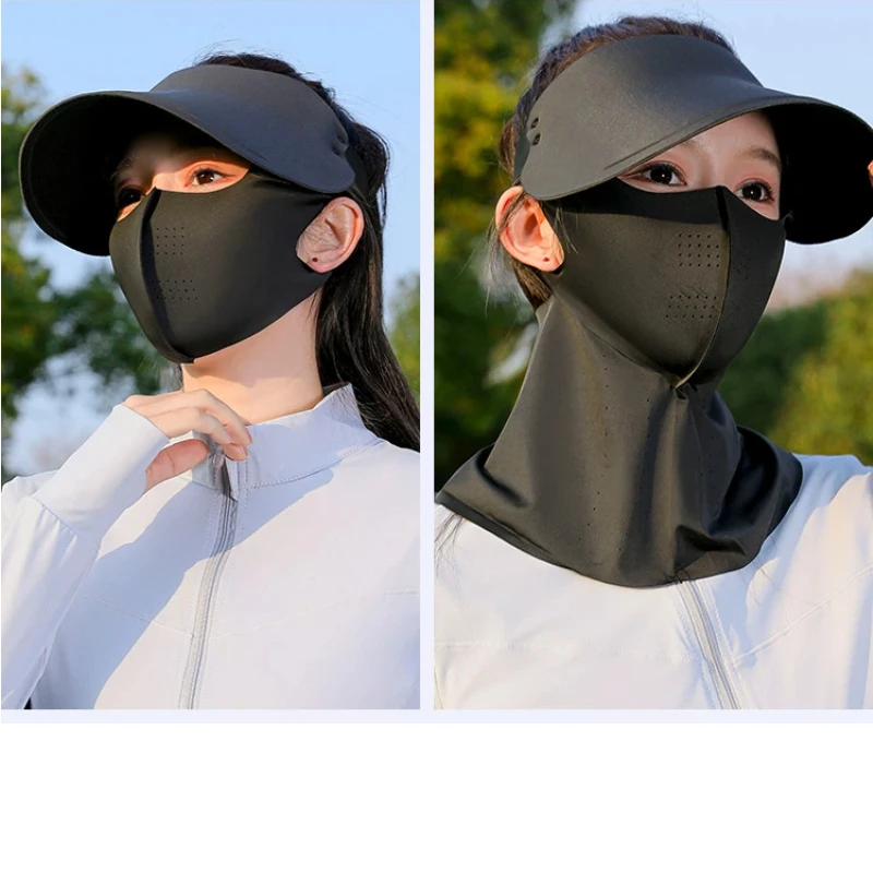 3 In 1 Women Summer Sun Protection Set Wide Brim Black Coating Sun Visor Hat Full Face Neck Cover UV Blocking Breathable Cooling