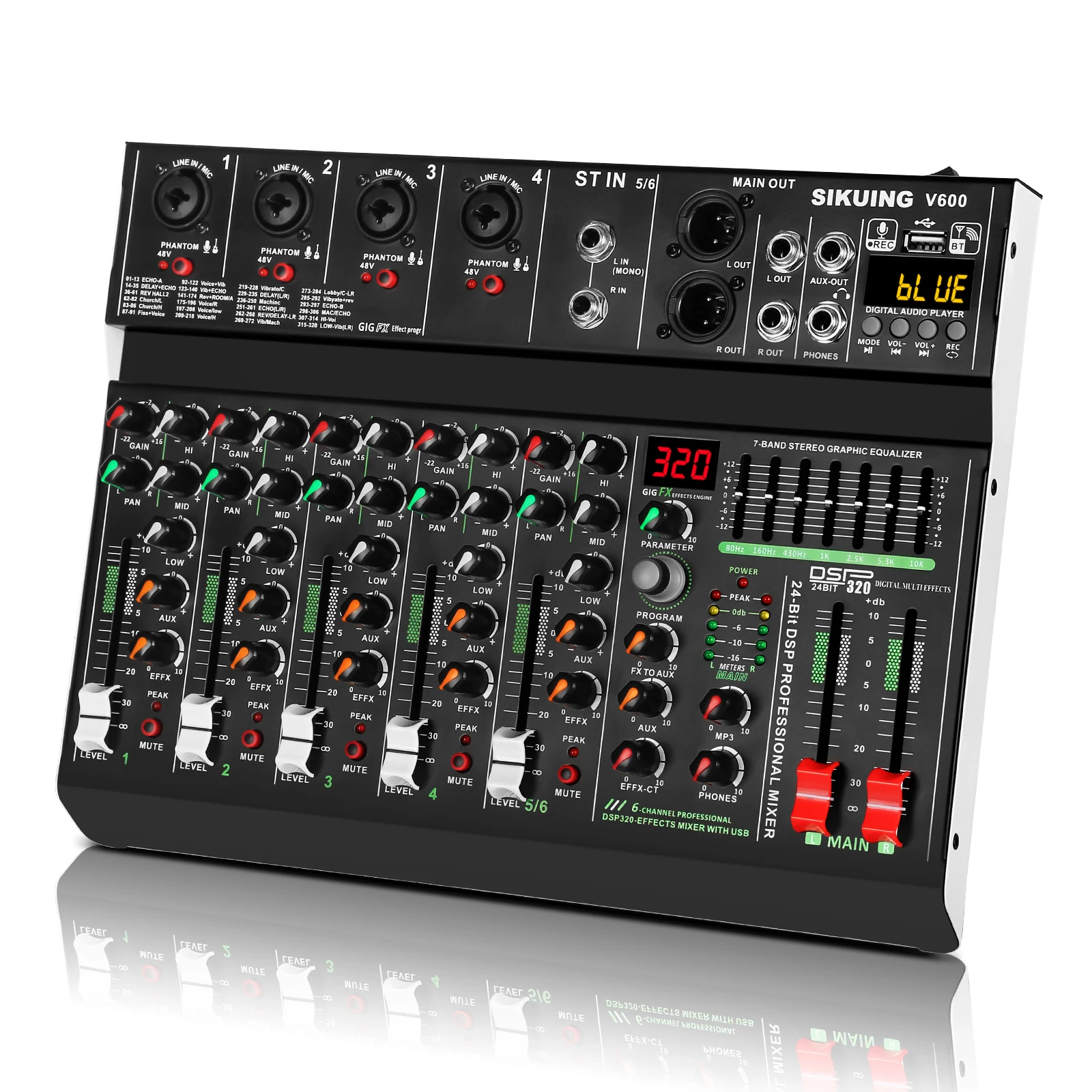 

FULUODE V-600 6 channel professional portable mixer 320 DSP effects 48V phantom power Bluetooth sound card 7-band equalize