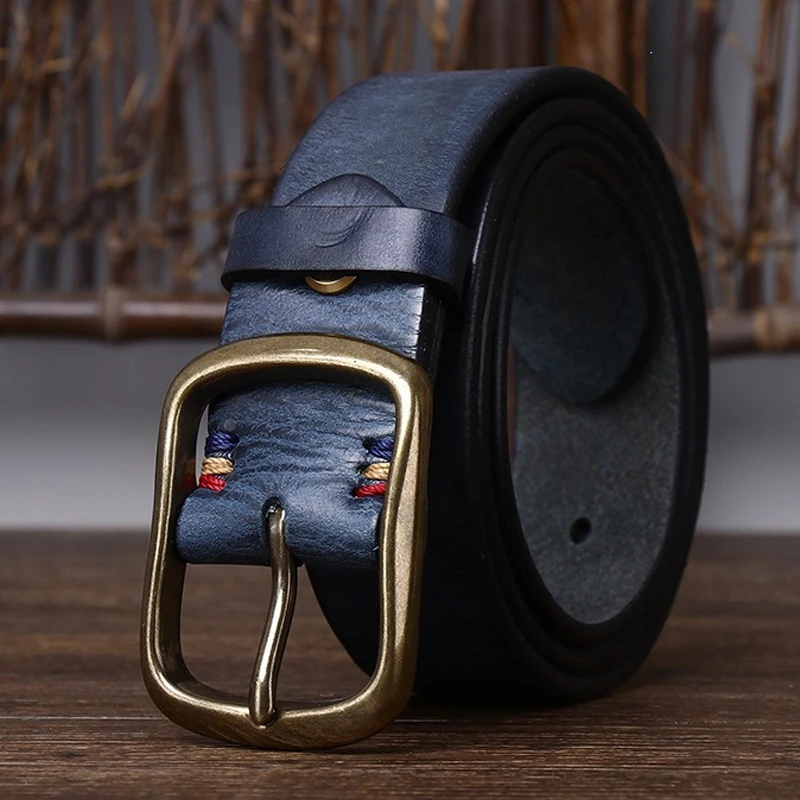 Italy Thick Cowhide Handmade Copper Buckle Genuine Leather Belt for Jeans High Quality Western Cowboy Heavy Duty Waist Strap