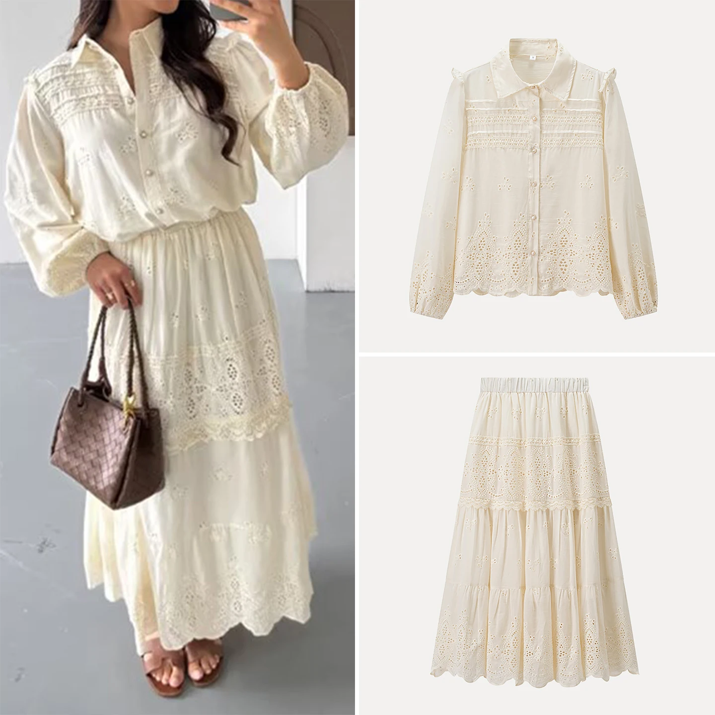 

Ele Casual Hollow out Hook Flower Women's Suit Autumn 2025 Z Long Sve Two-Piece Set for Adults All Seasons Wear