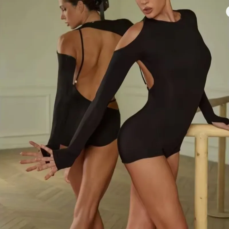 

Latin Dance Dress Suit for Women Backless Long Sleeved Jumpsuit Mesh Fringe Skirt Passionate Rumba Chacha Training Performance