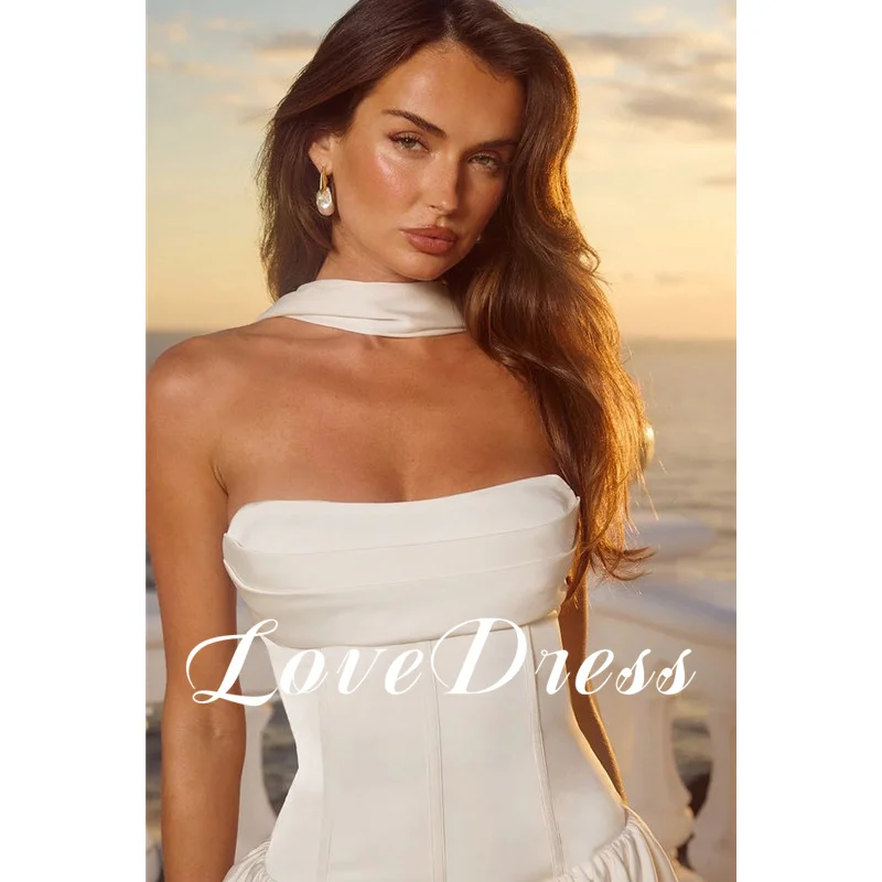 비치 미니 스테인 아이보리 A라인 웨딩드레스 민소매 섹시 백리스 무릎 위 플리츠 오픈 백 레이스업 2025 맞춤 제작