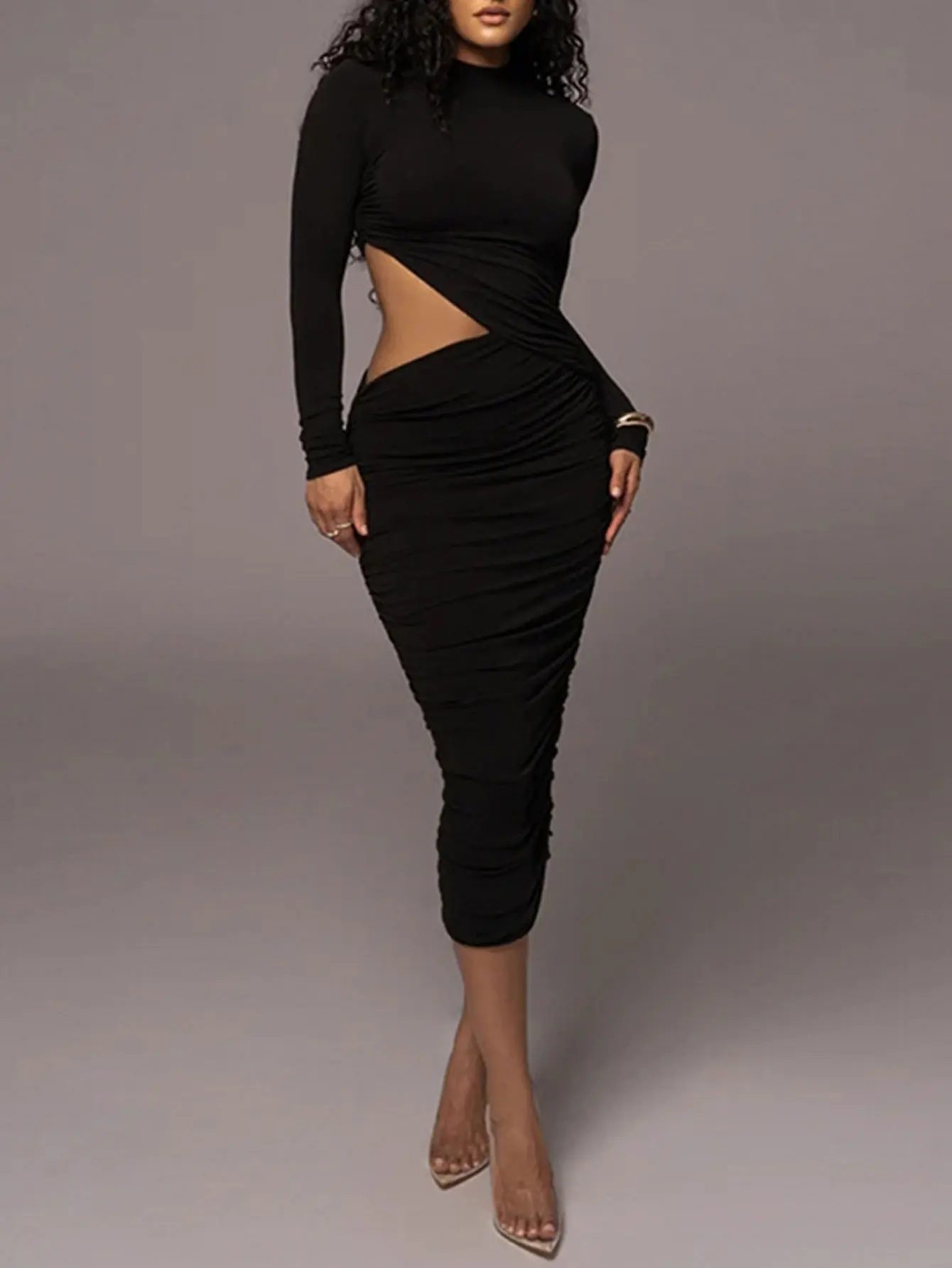 Women's Clothing Spring and Autum Long-Sleeved Sexy Cut Out Pleated Slim Fit Solid Color Hip-Covering Dress