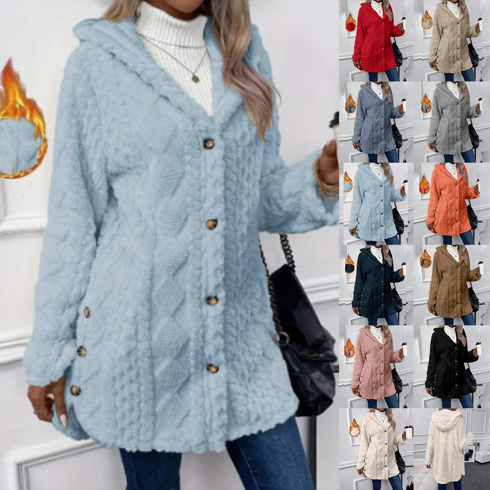 Women Plush Thicken Warm Cardigan Jackets Winter Hooded Sweatshirts Single Breasted Long Sleeve Loose Flannel Coat Hoody Outwear