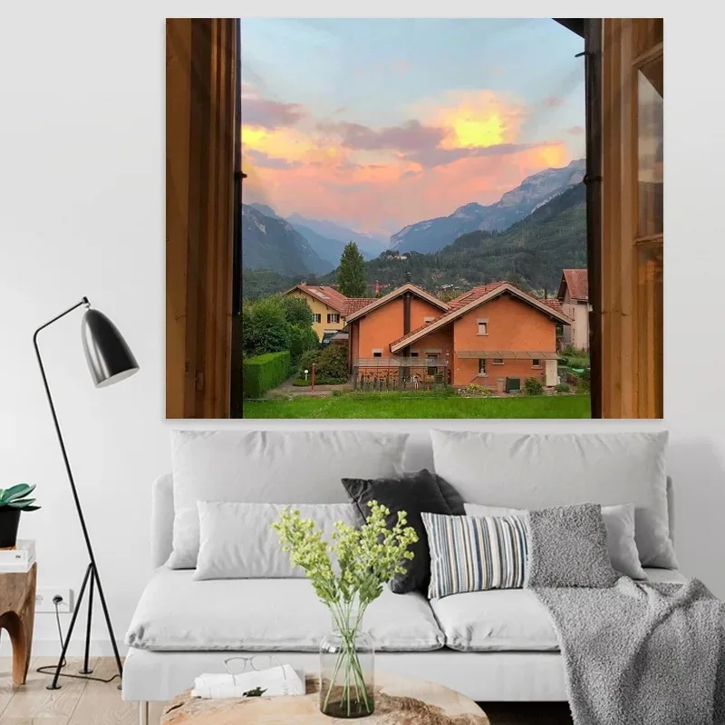 Window View Tapestry Warm Dormitory Bedside Decoration Home Wall Decoration Tapestry Bedroom Living Room Tapestry