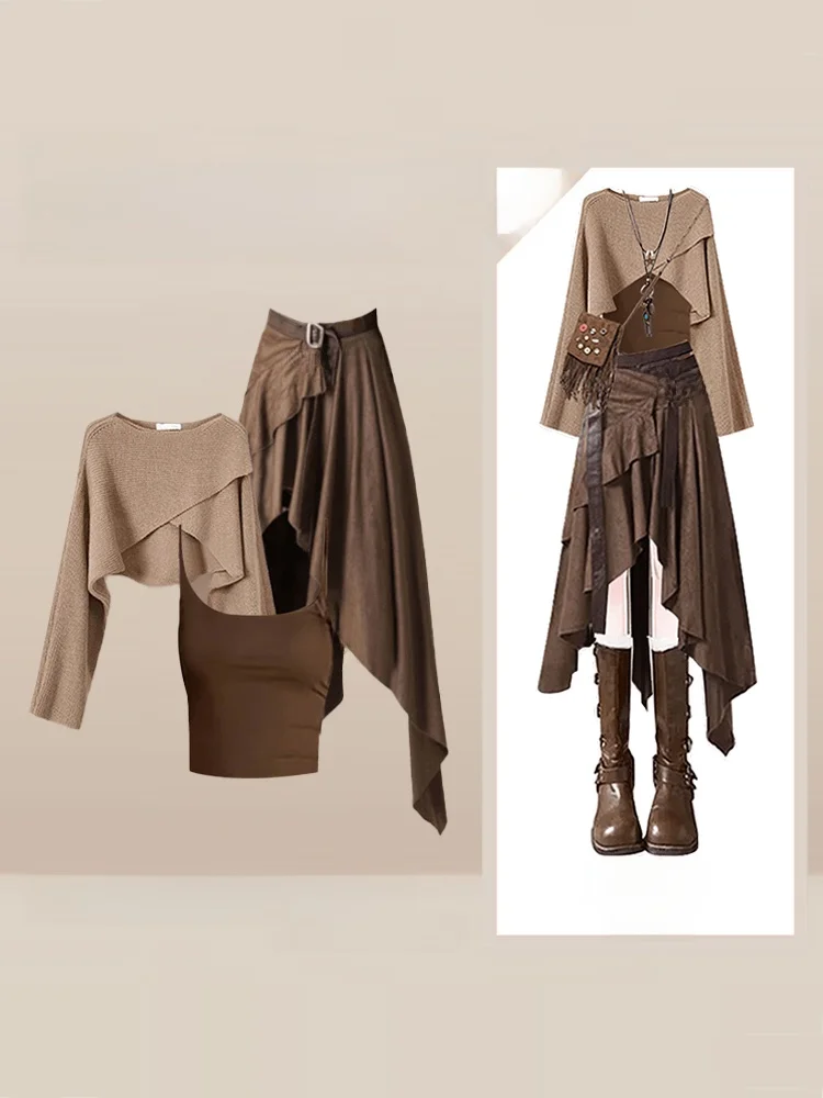

Retro Sle Winter Knitwear Set Women's High Waist Midi Skirt Tank Top Tee Piece Set Faionable Uneven Hemline Design