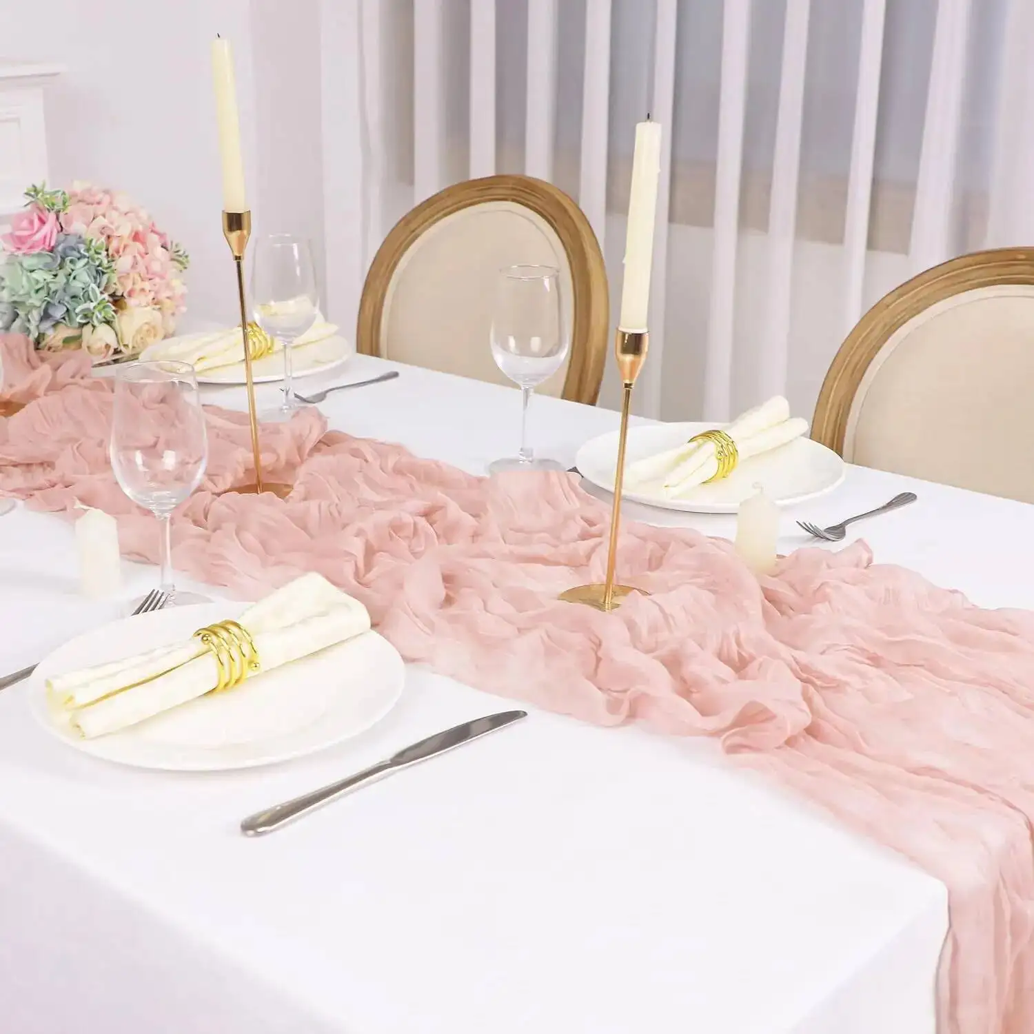 Käsetuch-Tischläufer im Boho-Stil, Rustikaler Gaze-Tischläufer für Gender-Reveal-Partys, Hochzeiten, Geburtstage und Heimdekoration – Detail 1