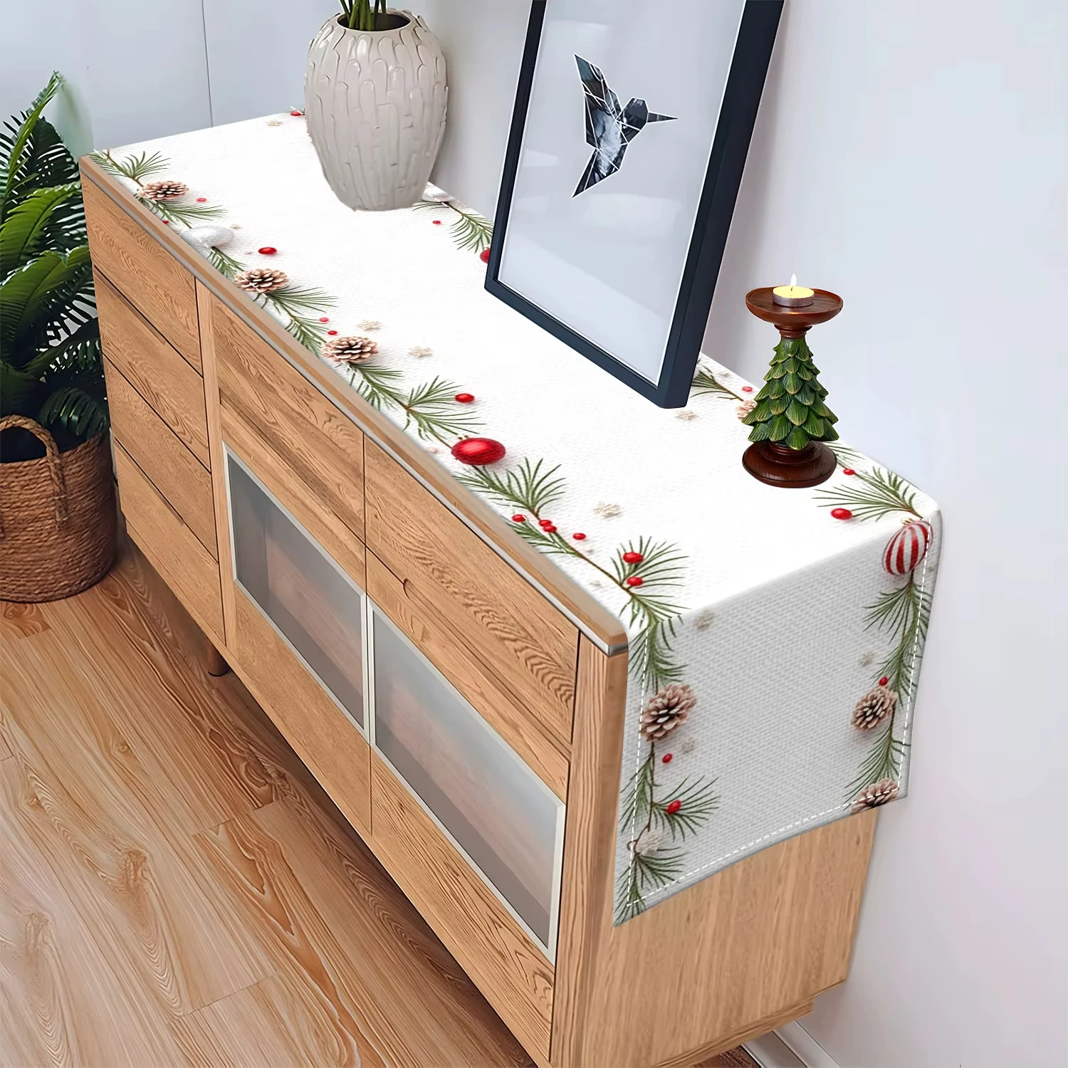 1Pc Pine Branches Colorful Balls and Pine Cone Patterns Table Runner , Suitable for Christmas Parties and Home Decoration Scenes
