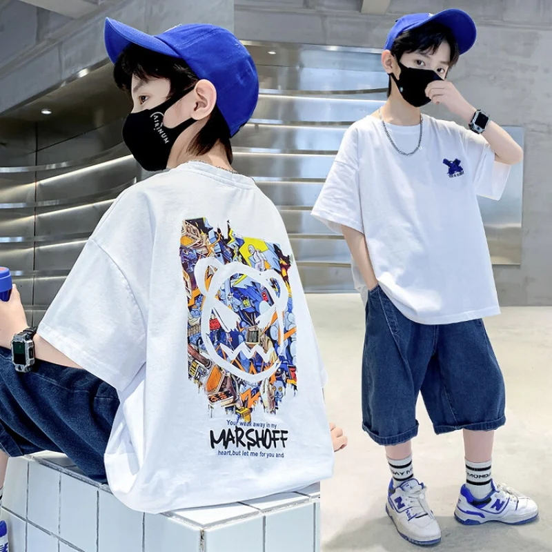 Summer Boys Trending Graffiti Style Short Sleeve Solid Cartoon PrintTT-Shirt Korean Style Oversize Loose Breathable Top 6-15y