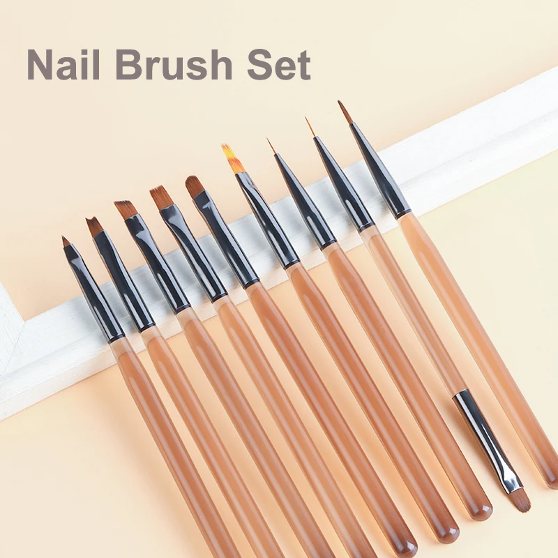 9PCS Acrylic Handle Gradient Blooming Effect Nail UV Gel Liner Brush Drawing Pen Painting Stripes Flower Manicure Nail Art Tools