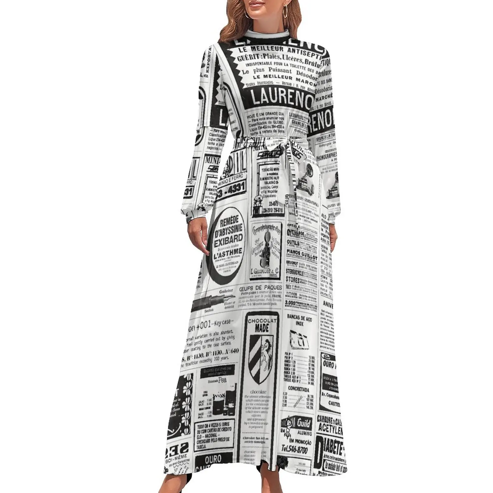 Old Newspaper Dress Black Letter Print Trendy Maxi Dress Korean Fashion Beach Long Dresses High Neck Printed Clothes