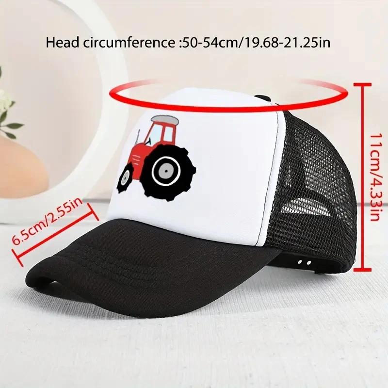 Casual Trendy Cartoon Tractor Mesh Stitching Cap Sun Protection Breathable Cap For Holiday Outdoor Traveling Boys And Girls