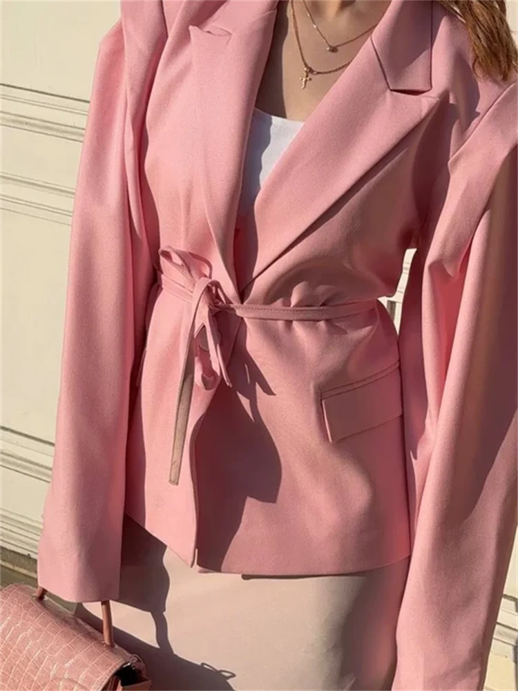 

Шикарный женский пиджак с завязкой на талии, однотонный женский пиджак с лацканами на шнуровке и длинными рукавами, карманами, пальто, женская весна 202, новая модная женская уличная одежда