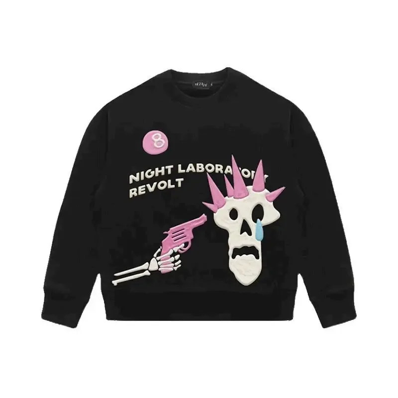 100% Cotton Pullovers Women High Street Couple Pullover Punk Skull Niche Black Pink O-neck Sweatshirts Spring Autumn Trend Tops