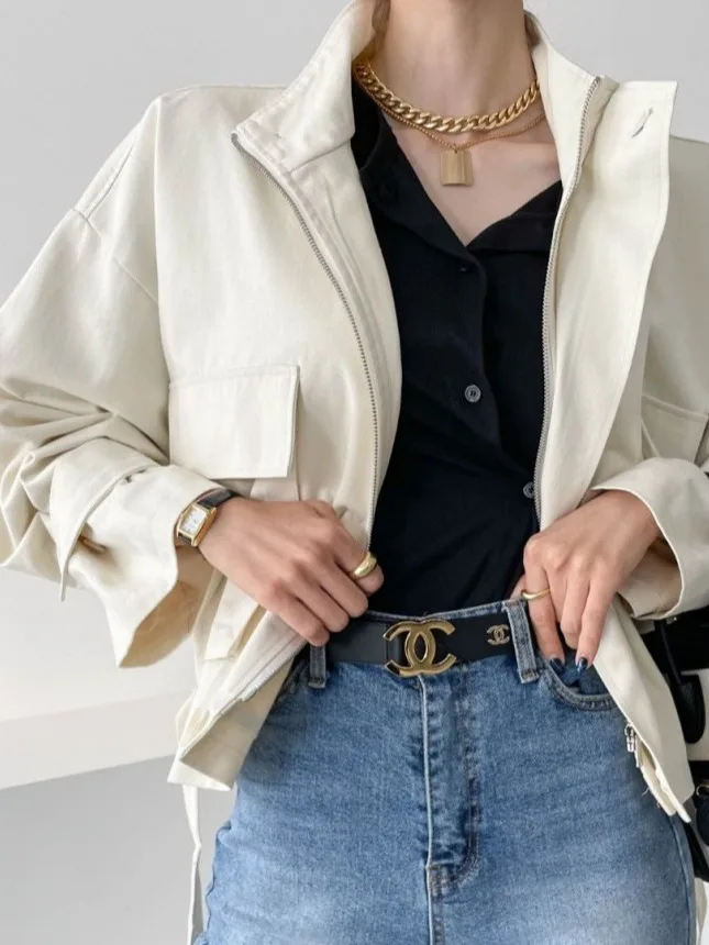 

Sli Retro Stand Collar Zipper Loose Design Long Sve Workwear Jaet ort Outerwear Ele Autumn Faion Ladies' Clo...
