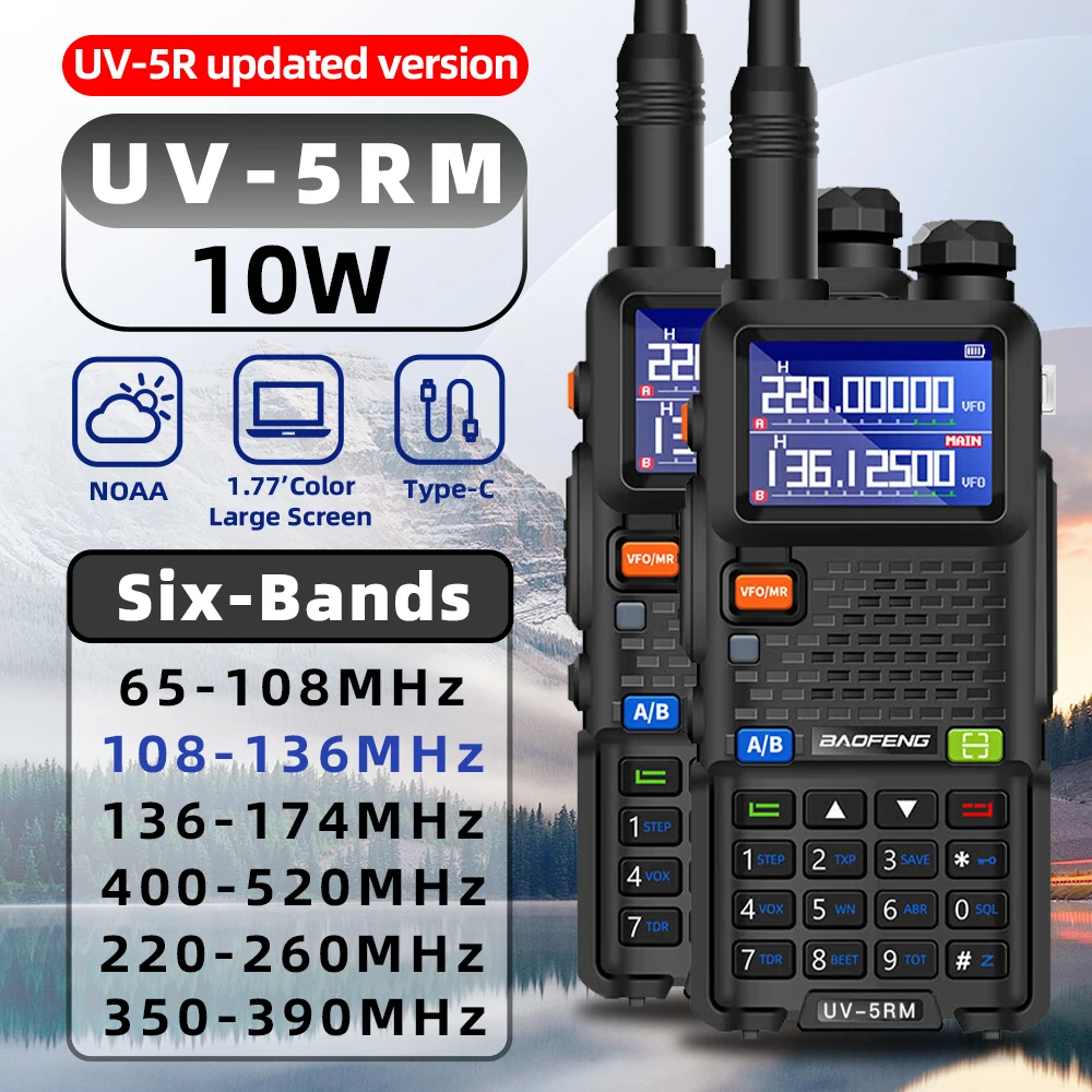 2 قطعة Baofeng UV-5RM ستة الموجات PTT اسلكية تخاطب AM Air Band 10W 999CH FM Type-C ترقية UV-5RH اسلكية تخاطب طويلة المدى (UHF/VHF)
