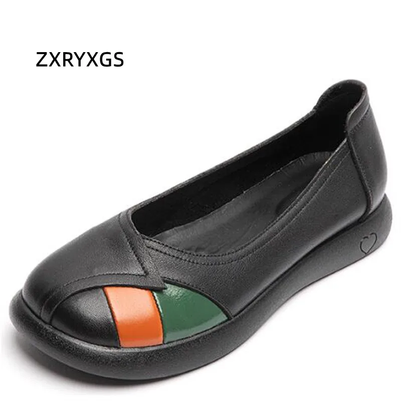 

ZXRYXGS Sales Promotion Genuine Leather Spell Color Flat Shoes 2024 Spring Shallow Mouth Comfortable Flats Women Shoes Tide