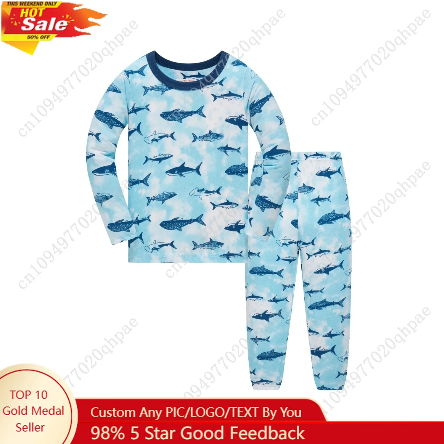 

Children's 100% cotton sleepwear set with full printed cartoon shark long sleeved long pajamas for children aged 1-8 2ps