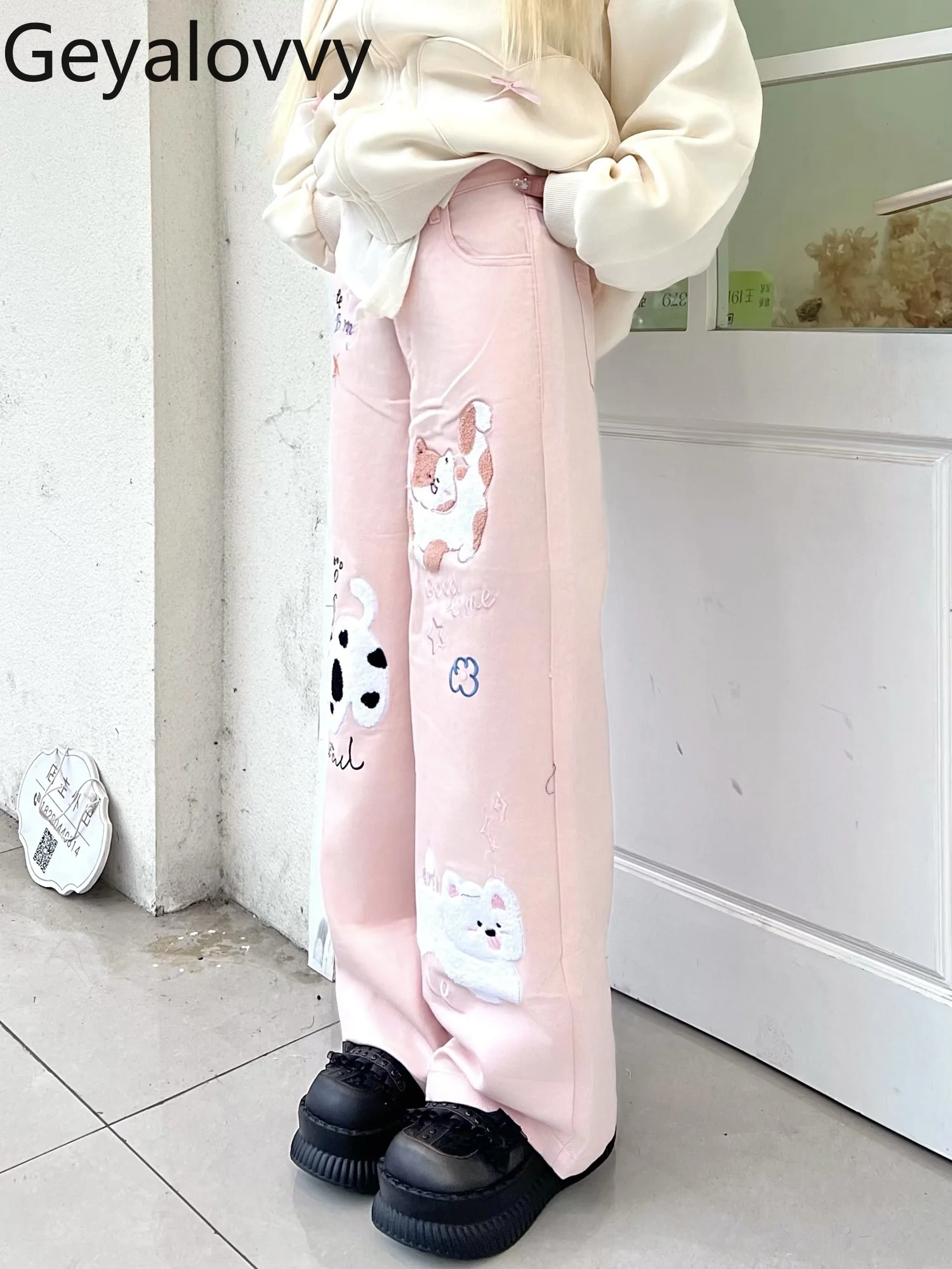 Vintage dos desenhos animados bordado cintura alta jeans retos para mulheres doce bonito primavera solto emagrecimento versátil casual calças de perna larga