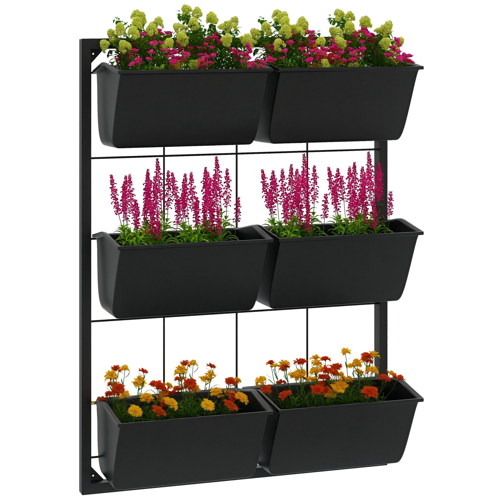 Three-Tier Wall-Mounted Flower Pot with 6 Planters, Suitable for Indoor and Outdoor Use, Black