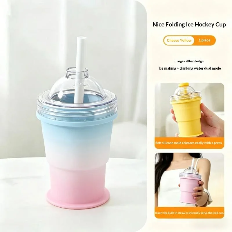 Collapsible Silicone Ice Ball Cup Reusable Portable Ice Sphere Mold With Straw Lid for Juice Coffee Cold Drinks