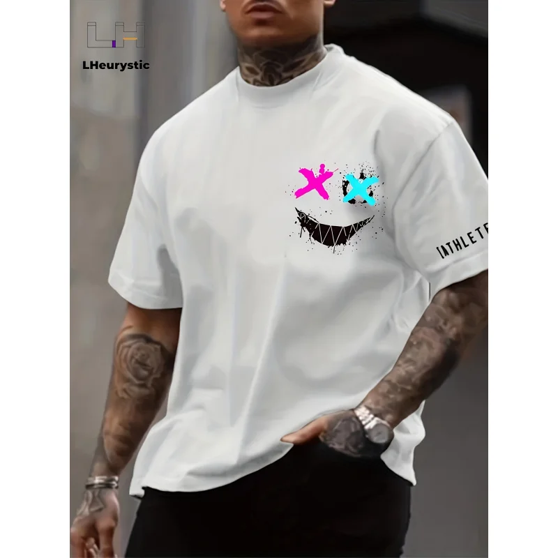 Men's personalized trendy smiley face print fashion color block short-sleeve round neck shirtTShirt，Summer outdoor sports