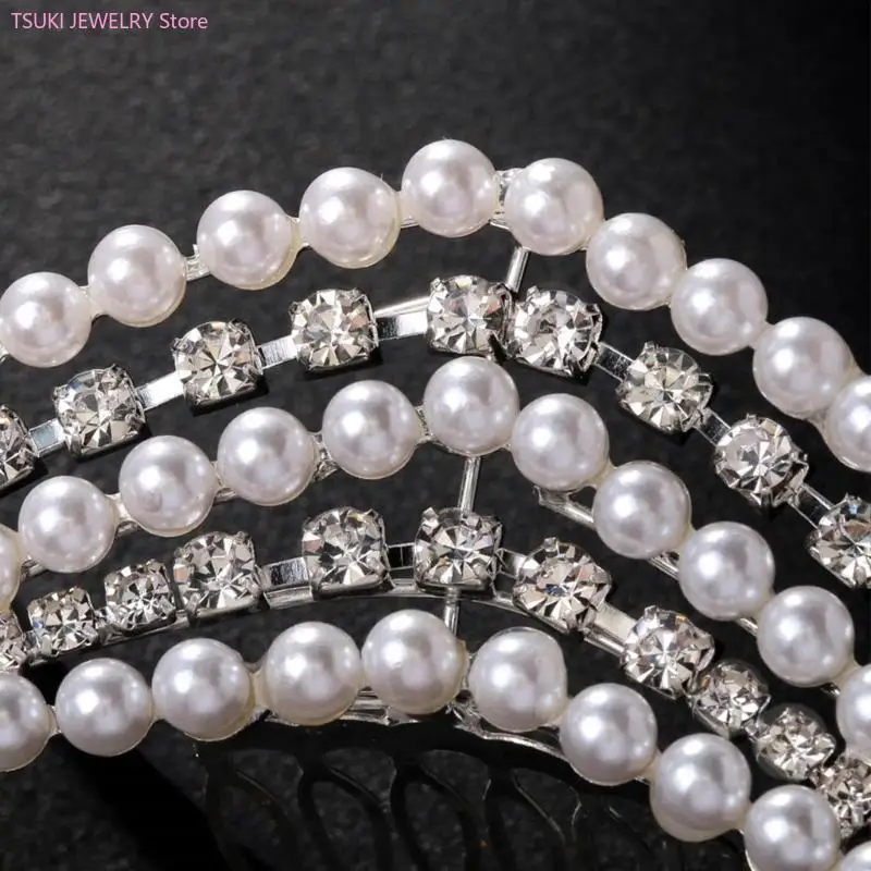 

62KE Rhinestones Headband Pearls Bride Pageant Prom for Livehouse Nightclub Props