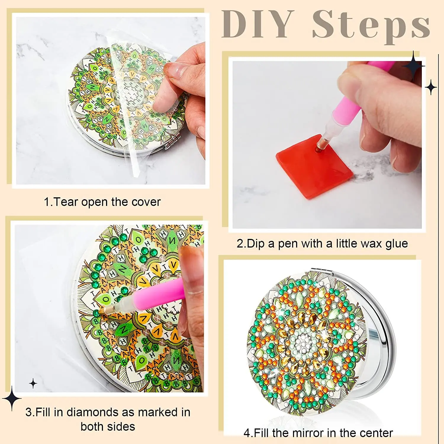 

Colorful Mandala Pattern Diamond Painting Mirror Portable DoubleSided Crystal Super Flash Dot Makeup Mirror for Beauty And Craft