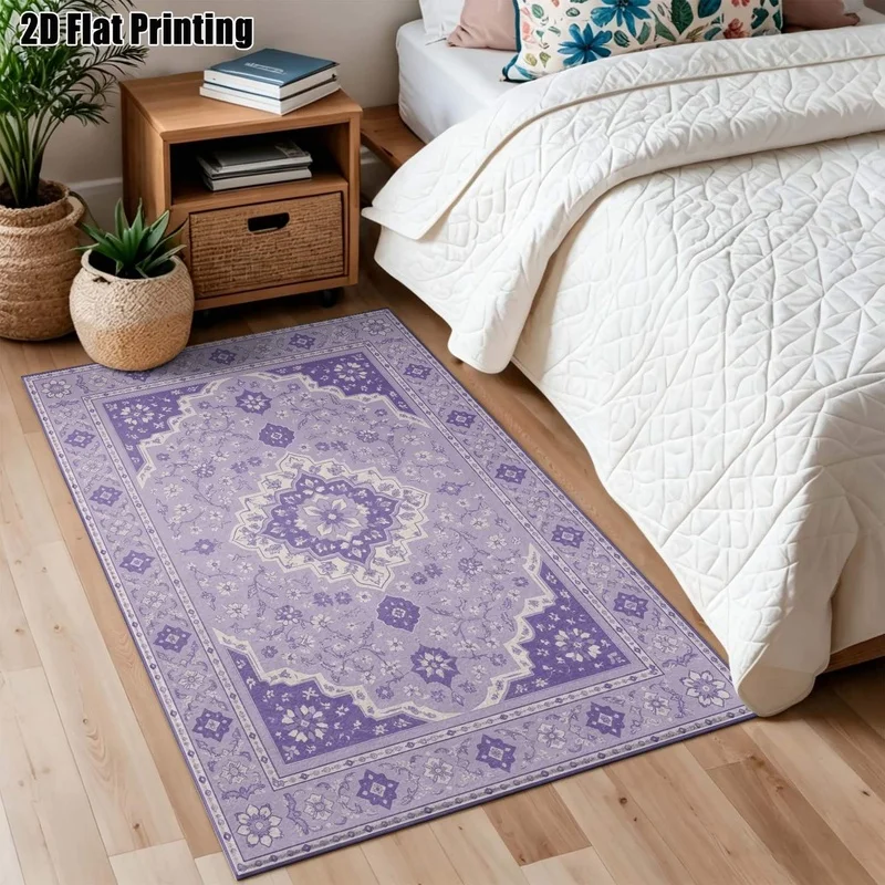 Large Indoor Area Rug, Soft Velvet Low Pile Machine Washable, Lavender Purple Traditional Floral Medallion Pattern, for Living Room, Bedroom, Home Interior Floor Decor