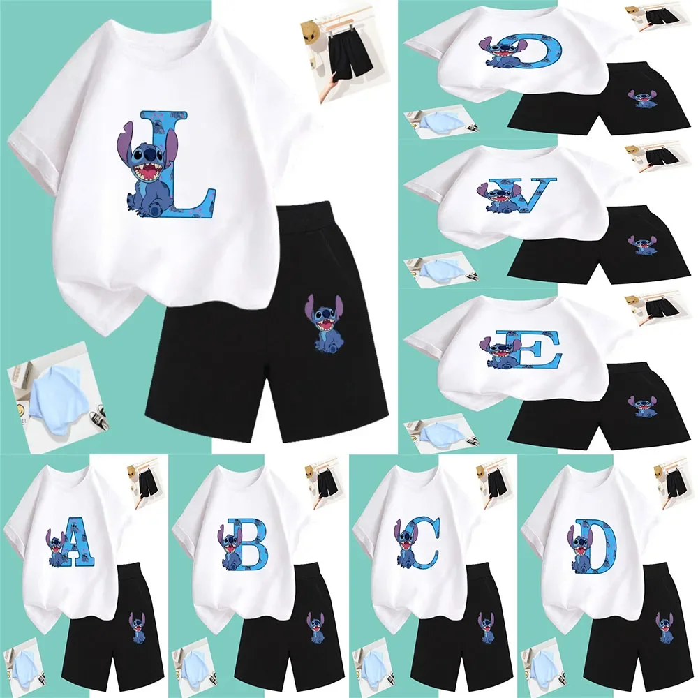 Lilo And Stitch t shirt Set Birthday Lucky Letter Cotton Children's Wear Girls And Boys Sports Shirts Comic T-shirts Baby Casual