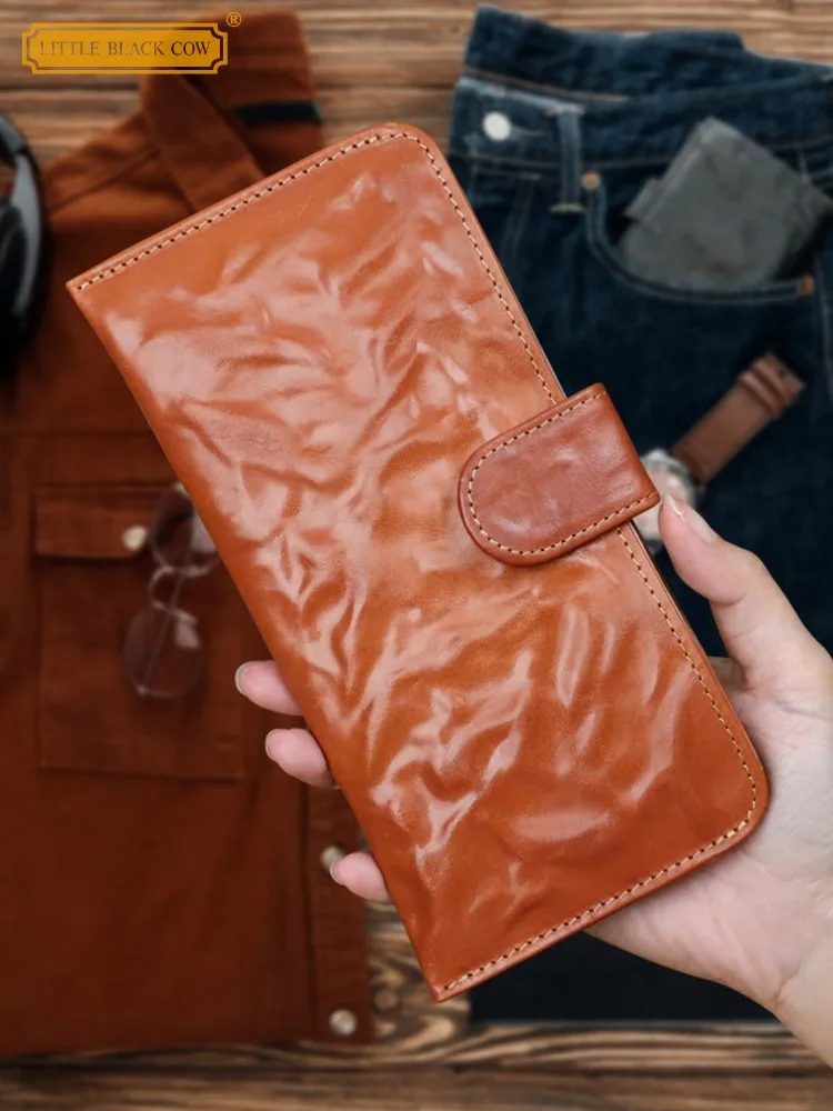 Office Lady Vintage Buckle Long Wallet Cowskin Genuine Leather Solid Color Fashion Party Elegant Women Casual Card Holder Wallet