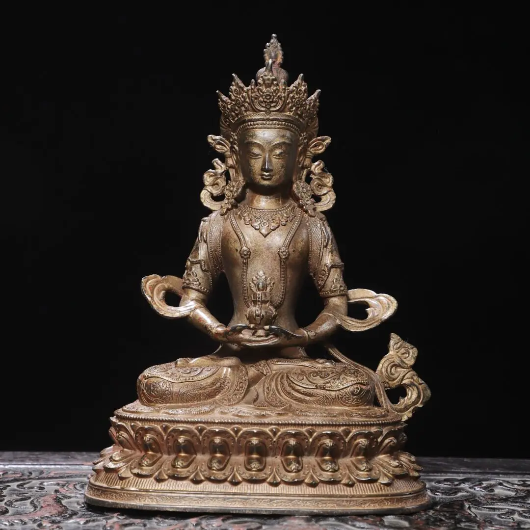 Tibetan Amitayus Buddha Vajrayana Clay Gold Pure Brass Antique Home Temple Decor Craft
