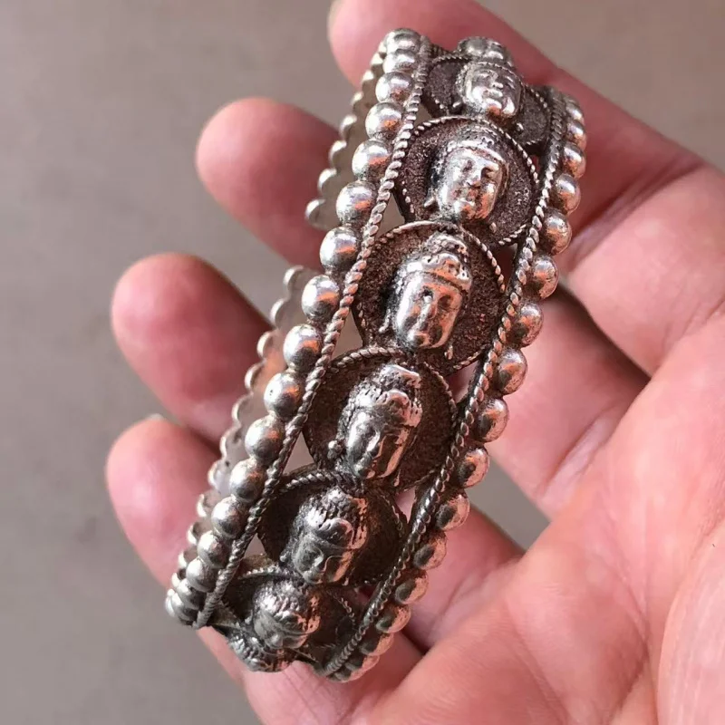 Miao Jewelry Ethnic Style Retro Antique White Copper Shakyamuni Tibetan Flower Silver Bracelet