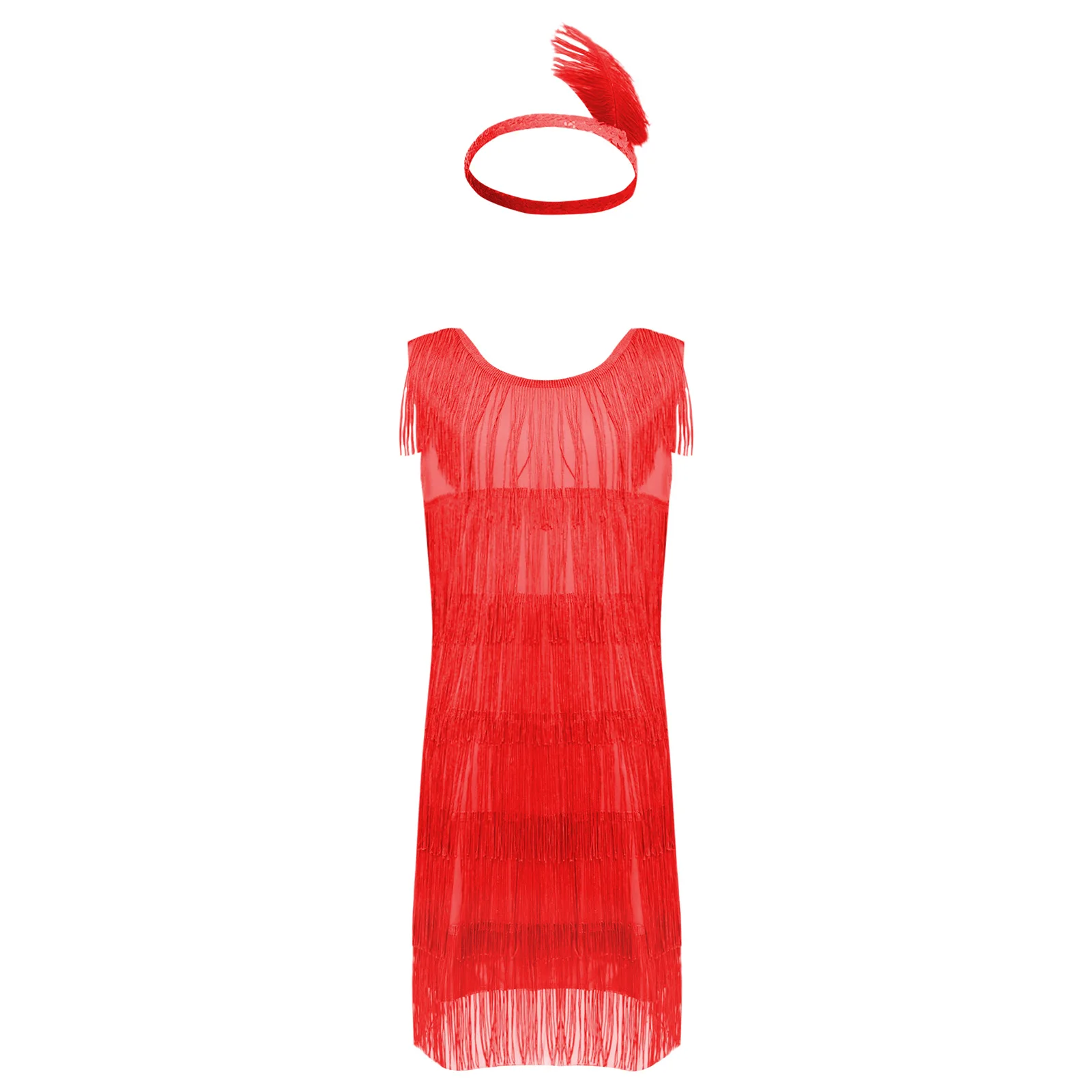 

Girls Latin Dance Performance Costumes Round Neck Sleeveless Tiered Tassels Dress with Feather Headwear Modern Latin Dancewear