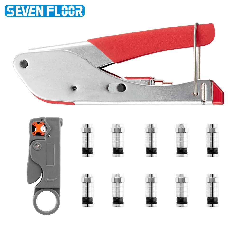 RG6 RG59 Coaxial Compression Tool Kit, Crimper with 10pcs RG6 F Connectors&Stripper for CATV Satellite TV CCTV Installation