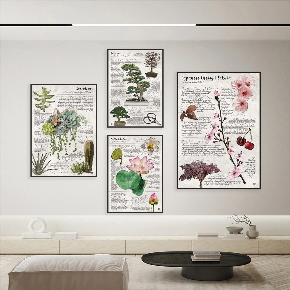 Bonsai cultivation techniques, Japanese cherry blossoms, lotus and succulents watercolor illustrations for decorative poster
