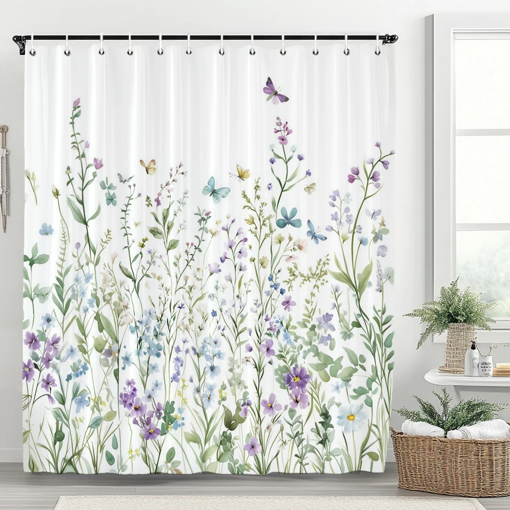 Vintage Botanical Print Floral Shower Curtain, Bathroom Decorative Flowers Shower Curtain, Waterproof Shower Curtain with Hooks
