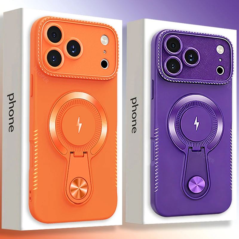 

New Luxury Orange with Bracket Case for iPhone 17 16 15 14 13 12 11 Pro Max Plus Air Shockproof Non-slip Wireless Charging Cover