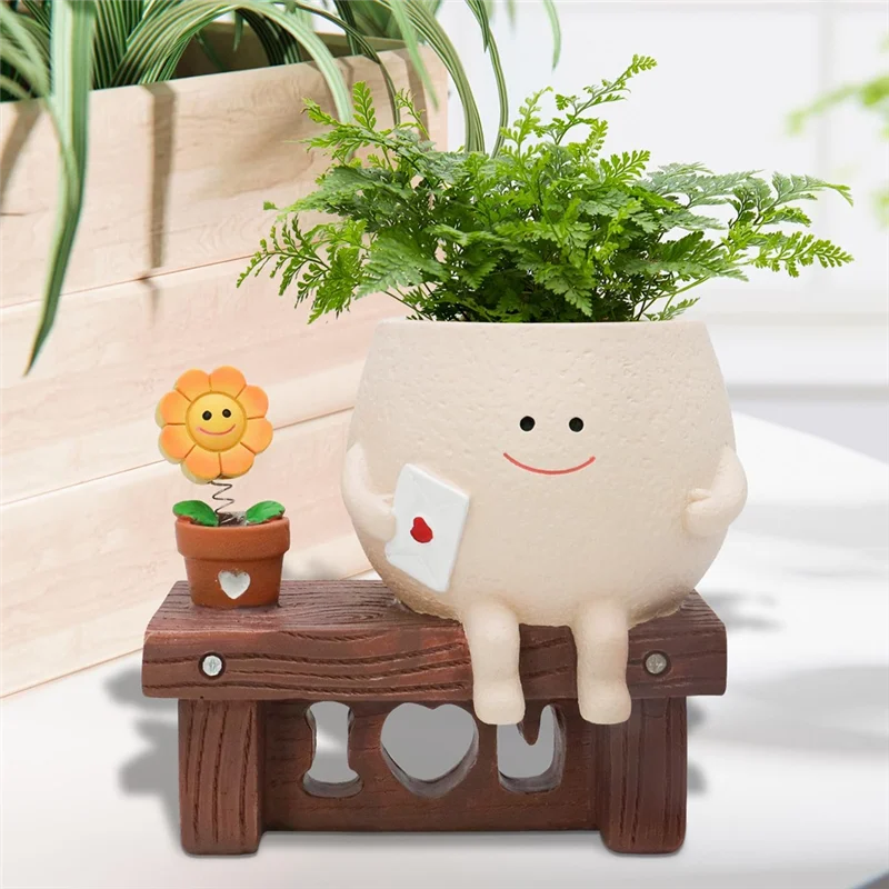 B97A-Cute Smileyface Planter Pot, Sitting Sunflower Flower Pot, Resin Head Planter For Indoor Outdoor Funny Sit Chair Pots