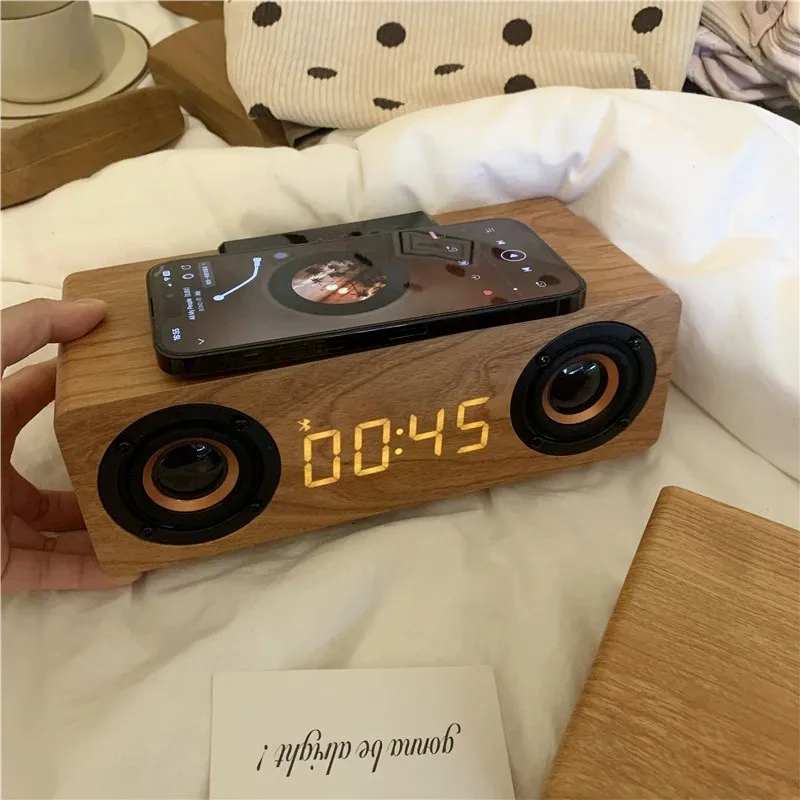 Qi Wireless Phone Charging Bluetooth Speakers Wooden Multifunction Desktop LED Digital Alarm Clock with FM Radio USB Card Audio