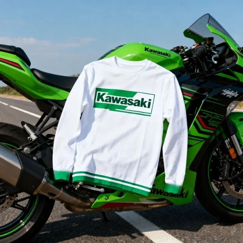 قمصان كاواساكي بأكمام طويلة لمراوح السيارات: أنماط مختلفة مع شعار مميز، خيارات باللونين الأسود والأخضر مريحة لمحبي الدراجات النارية