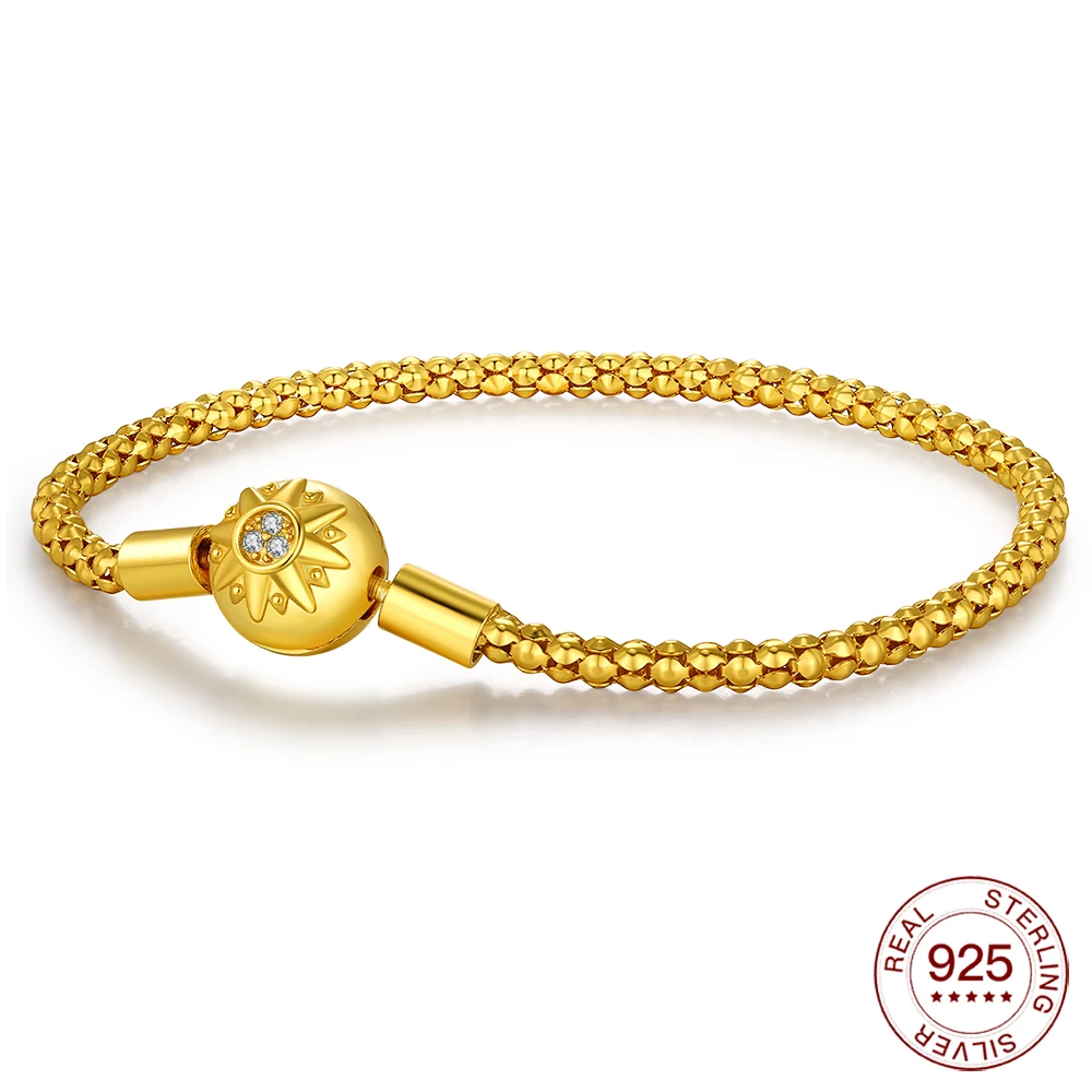 New Bracelet 925 Silver Golden Sun Popcorn Bracelet For Original Charms Beads Jewelry Women DIY Jewelry Making Gift
