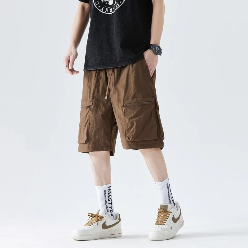Youthful Vitality Safari Style Casual Shorts Men's Clothing Stylish Zipper Pockets Spliced Summer Loose Solid Color Knee Pants