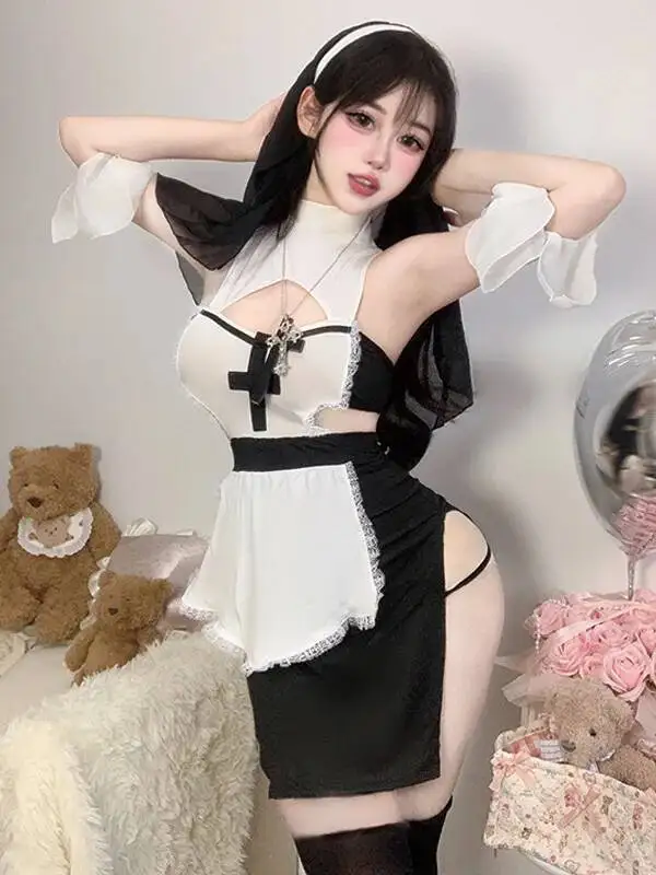 زي راهبة مثير زي تنكري للنساء فستان بفتحة رقبة رسن مع تصميم متقاطع وغطاء رأس لحفلات الهالوين LZS2