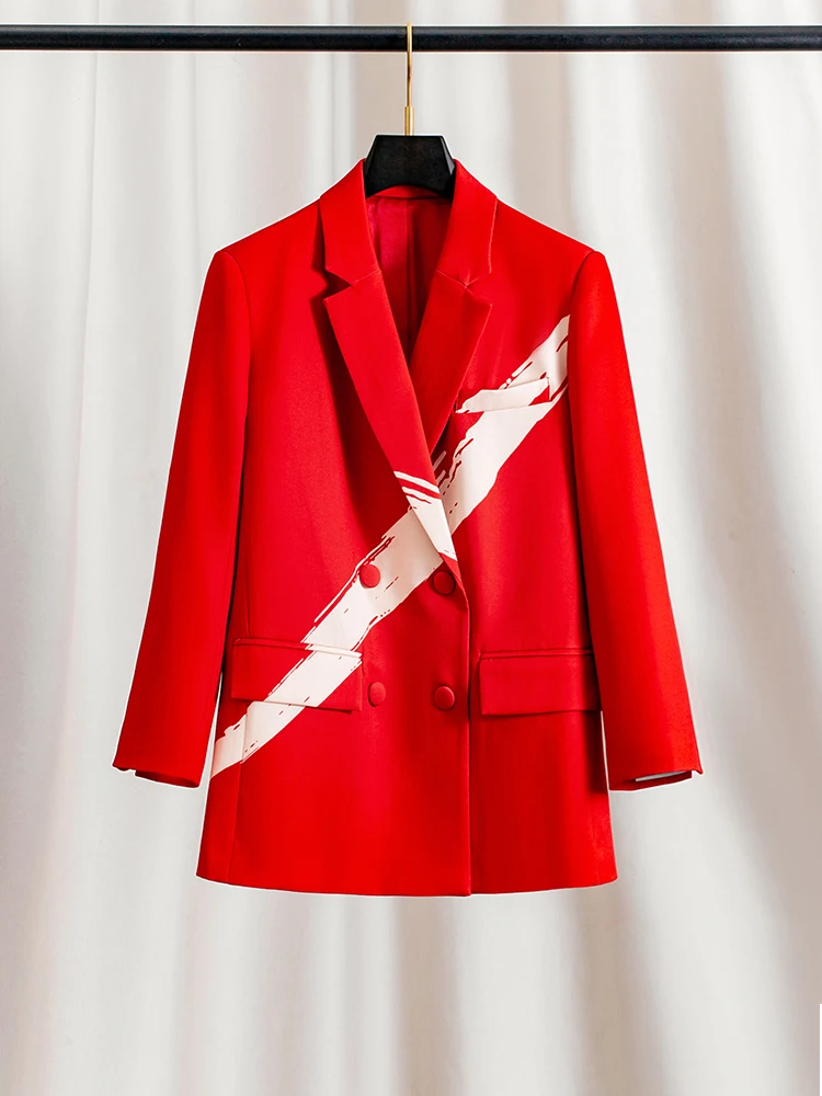 

Red Oversized Suit Jacket Women's Fashion Autumn New Loose Silhouette High-End Feeling Ladylike Style Double-Breasted Coat
