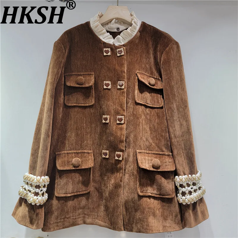 

HKSH Осенняя новая женская куртка Tide Heavy Craft с жемчужными рукавами и рюшами на воротнике с несколькими карманами Роскошная уличная одежда Винтажное шикарное пальто HK9733