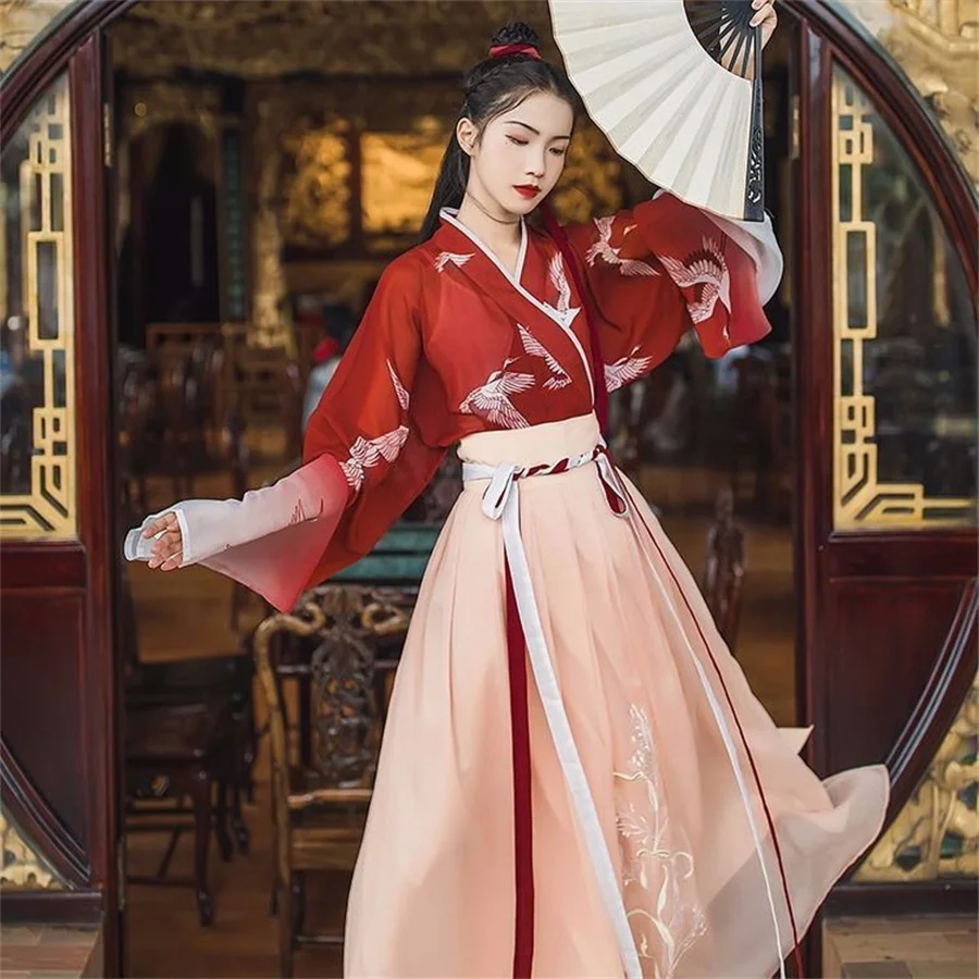 Hanfu Chinese Style Women Chinese Traditional Stage Dance Dress Female Fairy Cosplay Costume Hanfu Red Halloween Clothing