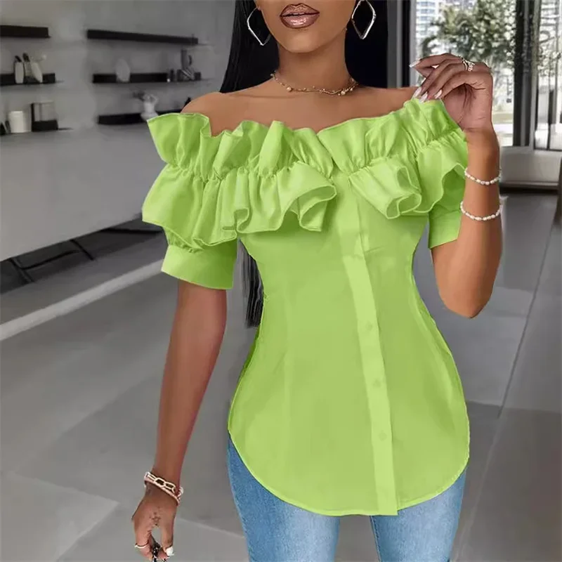 Elegant Pleated Ruffle Decoration One-line Neck Shirt Women Single-breasted Cardigan Blouse Female Sweet Style Short Sleeve Tops